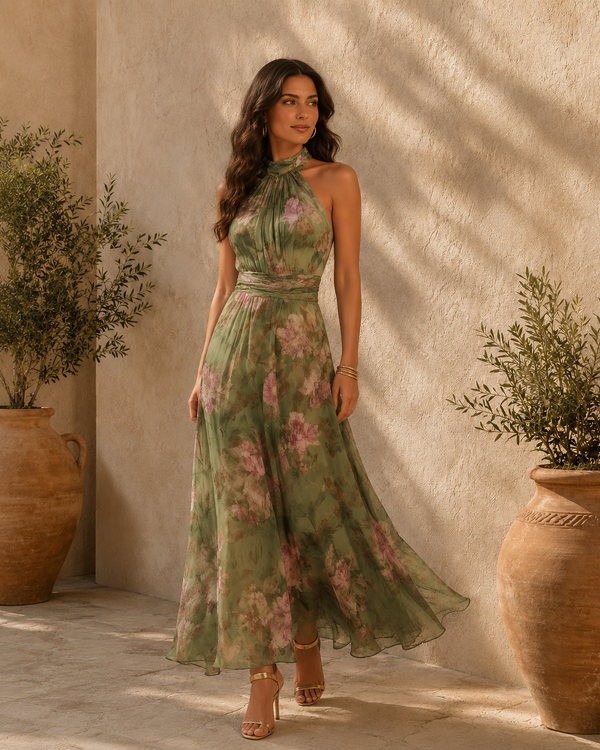 Livia | Vestido Maxi com Decote Halter e Estampa Floral
