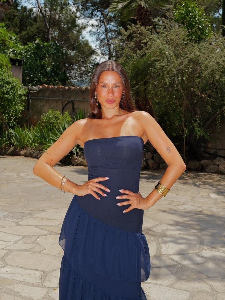 Vestido palavra volantes assimétricos azul marinho