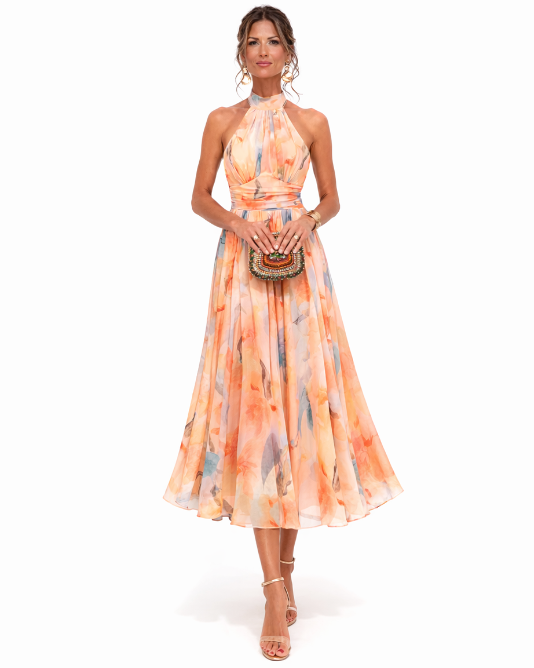 Irene | Vestido com decote halter e estampa em aquarela