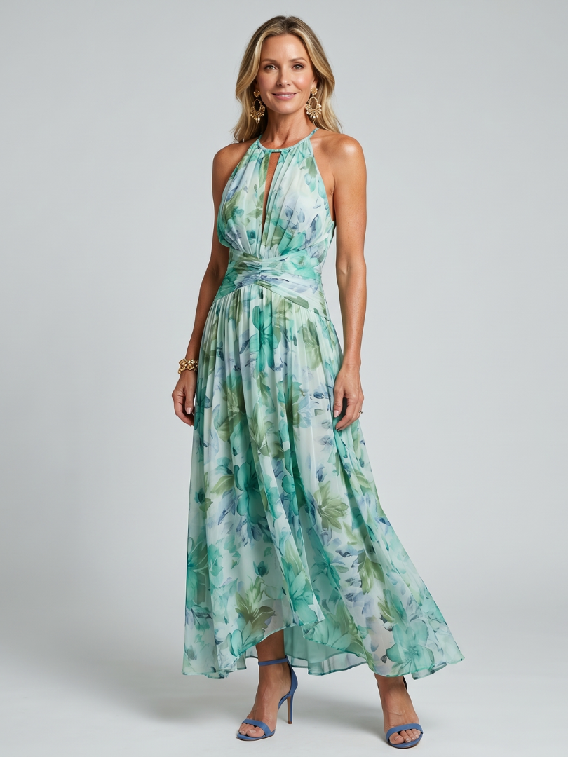 Cláudia | Vestido com decote halter e estampa floral suave