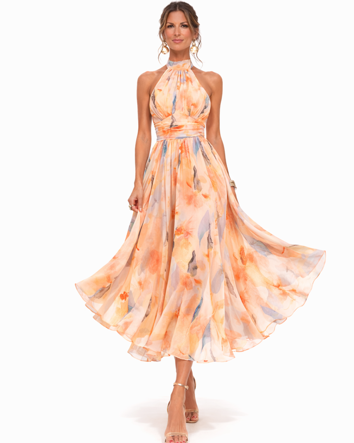 Irene | Vestido com decote halter e estampa em aquarela