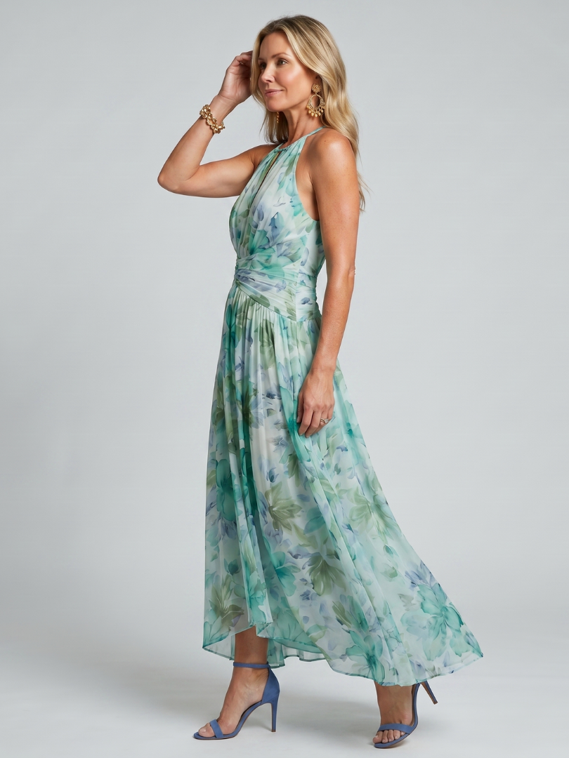 Cláudia | Vestido com decote halter e estampa floral suave