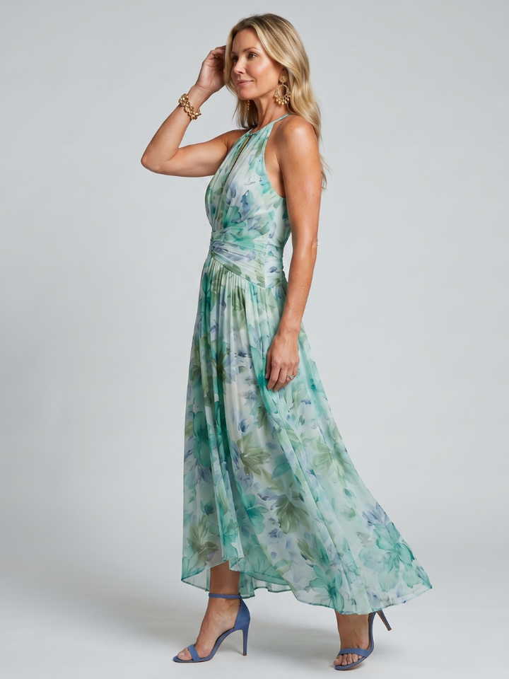 Cláudia | Vestido com decote halter e estampa floral suave
