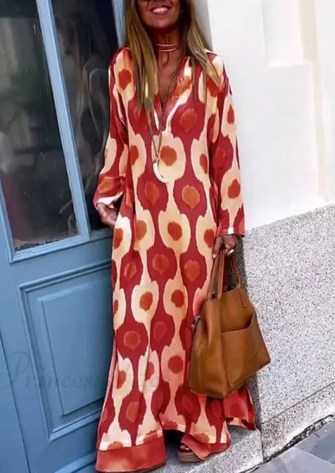 Vestido boho de decote em V com estampado geométrico e abertura