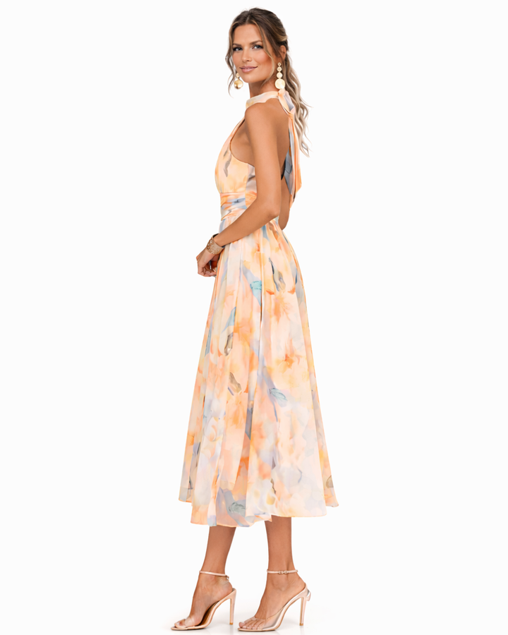 Irene | Vestido com decote halter e estampa em aquarela