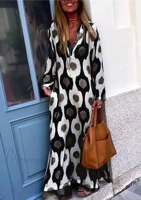 Vestido boho de decote em V com estampado geométrico e abertura