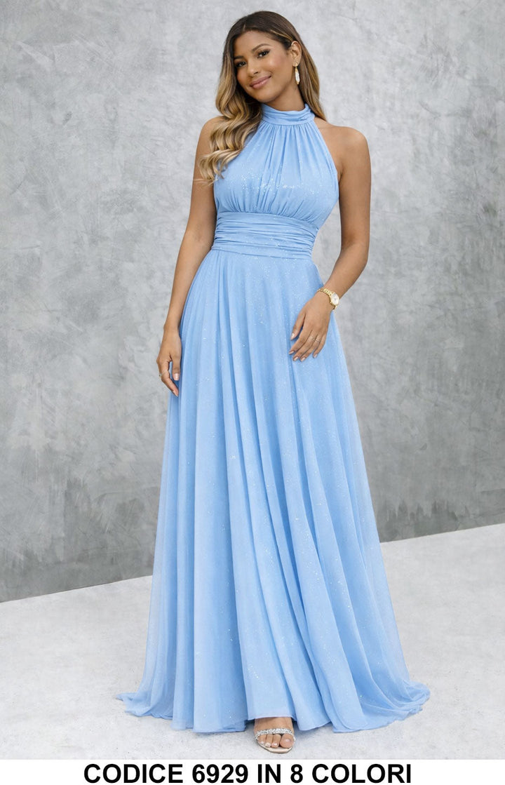 Paula / Vestido longo elegante com lantejoulas e decote americano
