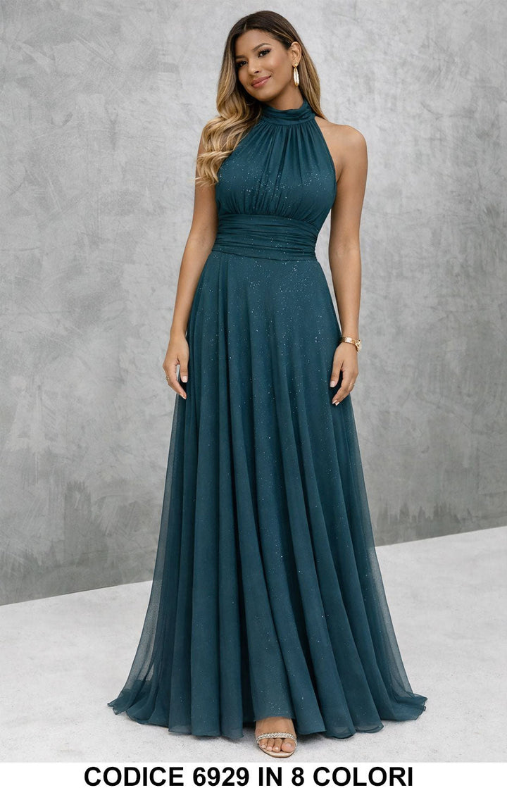 Paula / Vestido longo elegante com lantejoulas e decote americano