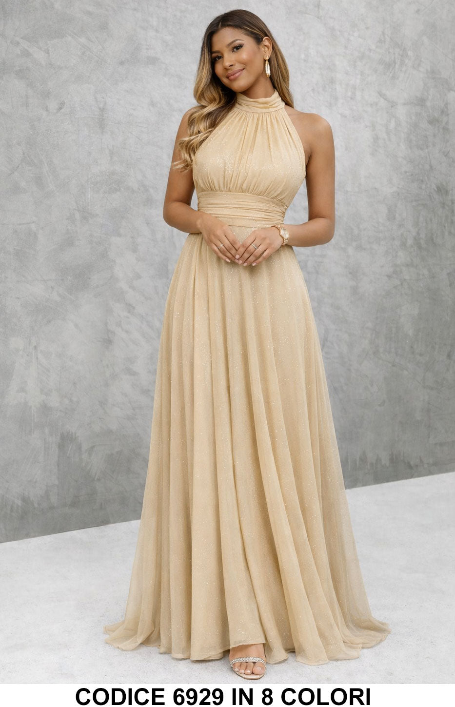 Paula / Vestido longo elegante com lantejoulas e decote americano