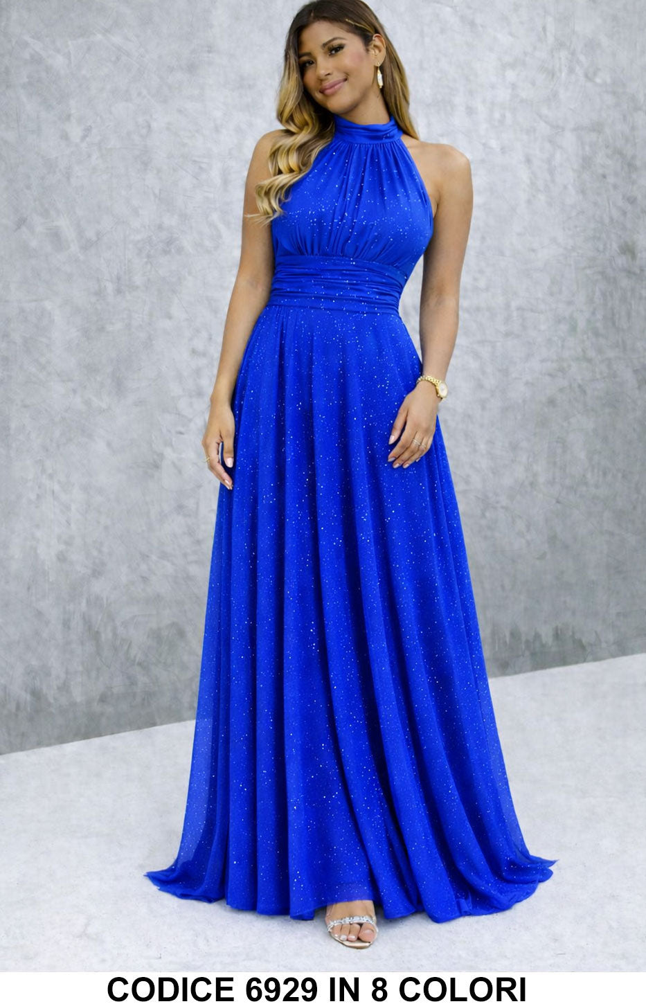 Paula / Vestido longo elegante com lantejoulas e decote americano