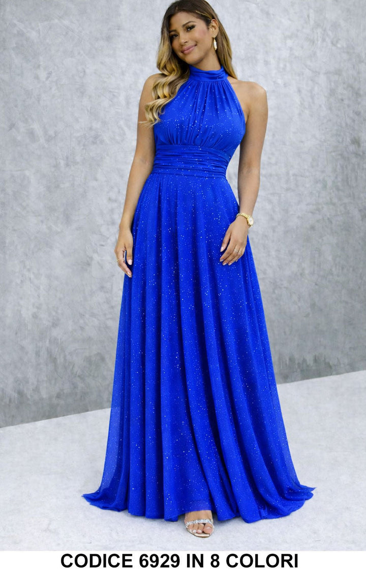Paula / Vestido longo elegante com lantejoulas e decote americano