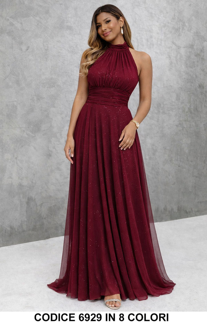 Paula / Vestido longo elegante com lantejoulas e decote americano