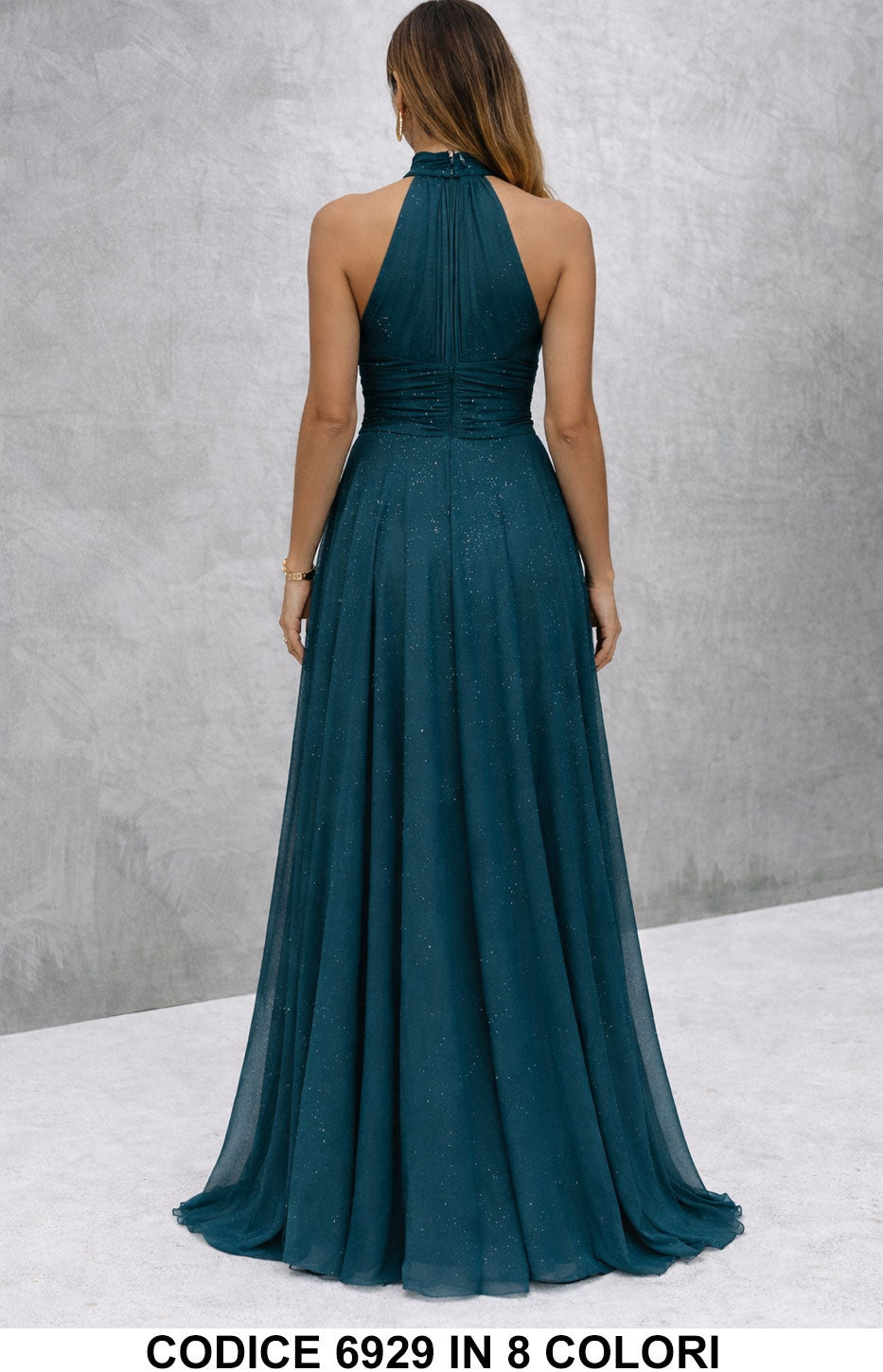 Paula / Vestido longo elegante com lantejoulas e decote americano