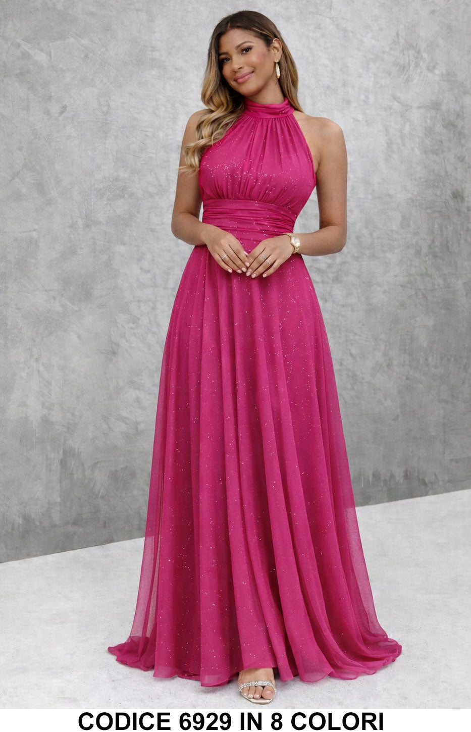 Paula / Vestido longo elegante com lantejoulas e decote americano