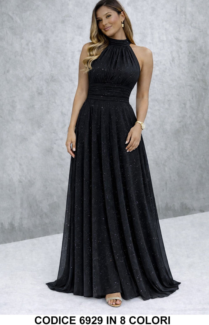 Paula / Vestido longo elegante com lantejoulas e decote americano