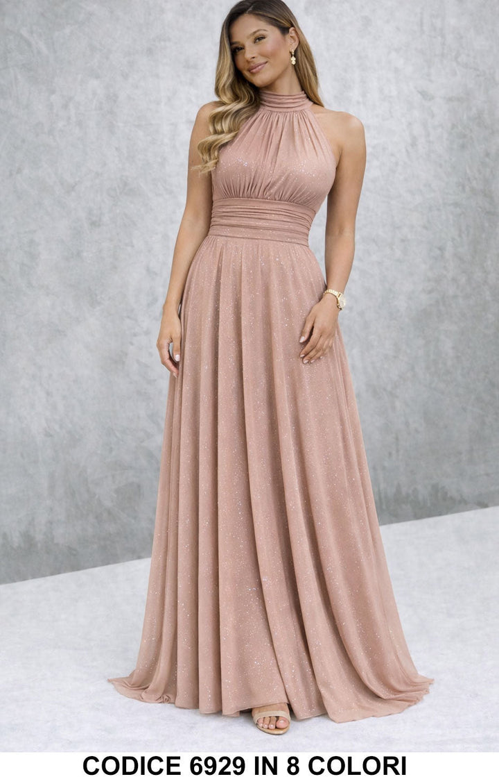 Paula / Vestido longo elegante com lantejoulas e decote americano