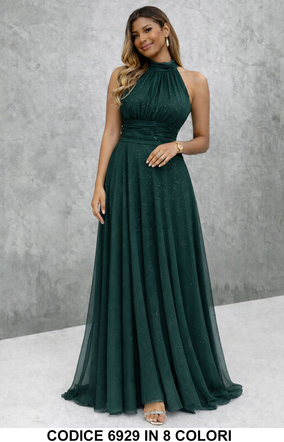 Paula / Vestido longo elegante com lantejoulas e decote americano