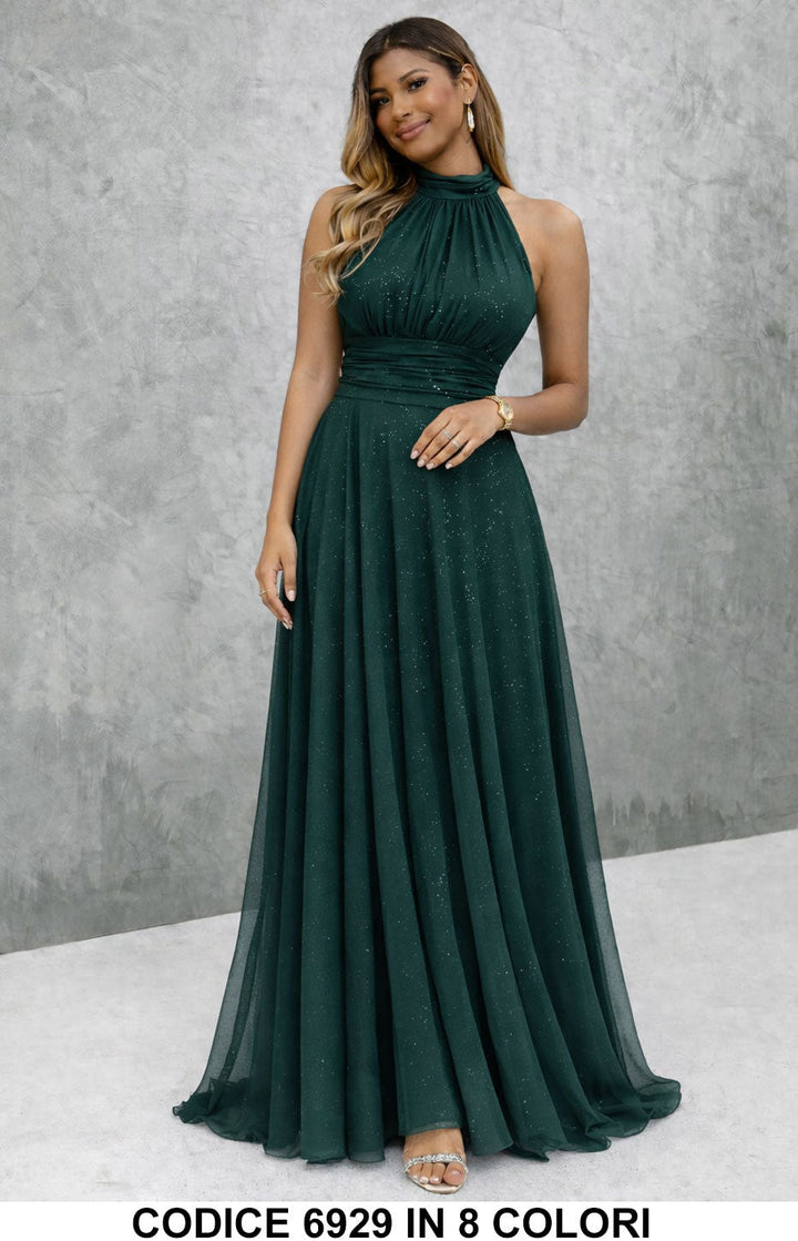 Paula / Vestido longo elegante com lantejoulas e decote americano