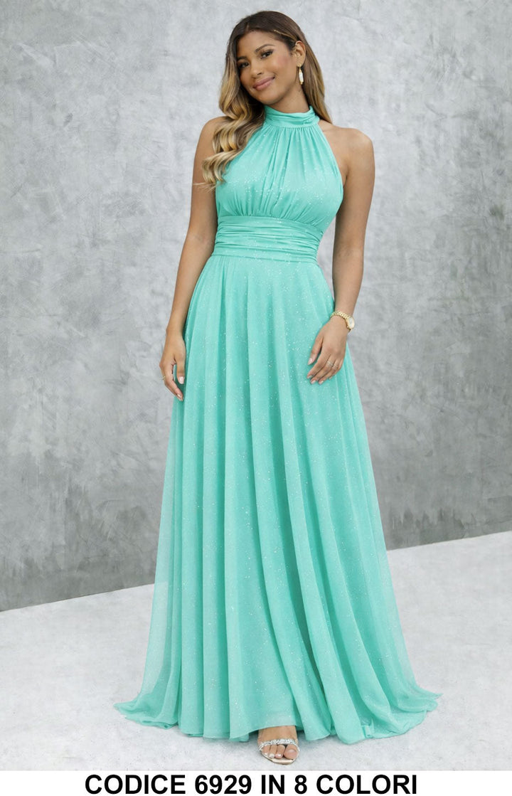 Paula / Vestido longo elegante com lantejoulas e decote americano