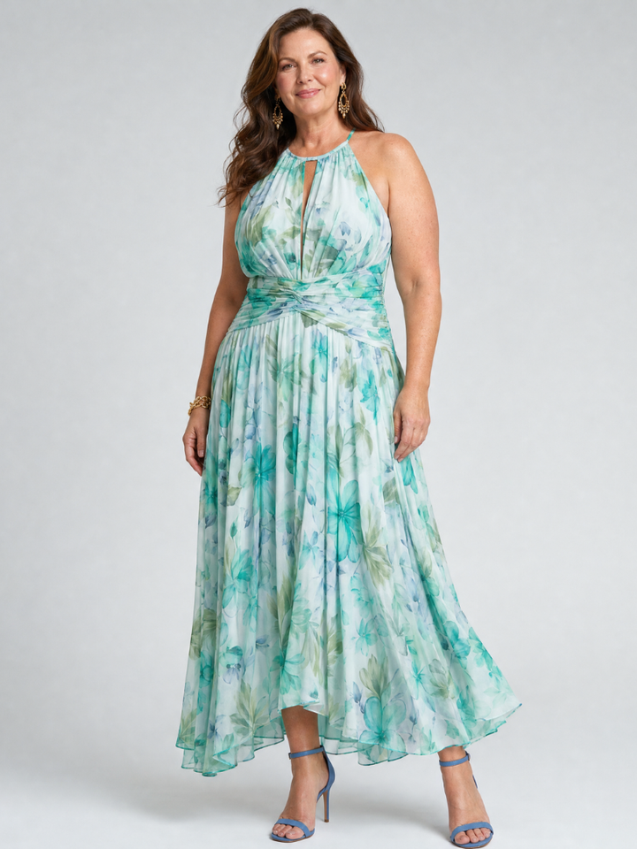 Cláudia | Vestido com decote halter e estampa floral suave