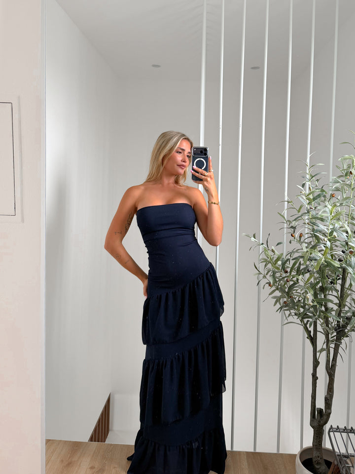Vestido palavra volantes assimétricos azul marinho
