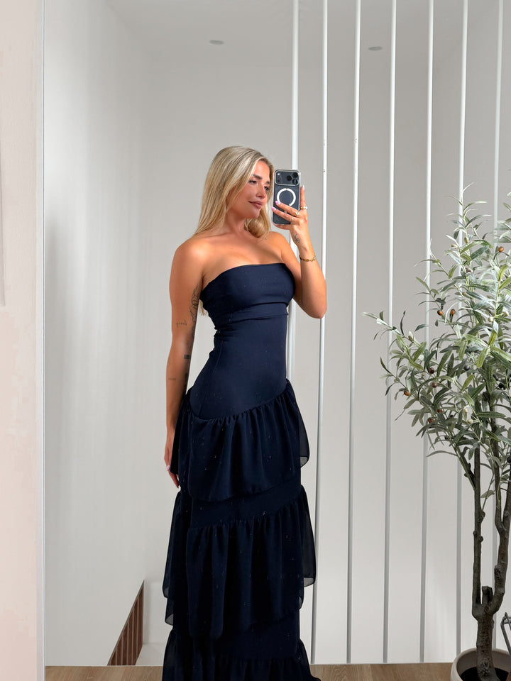 Vestido palavra volantes assimétricos azul marinho