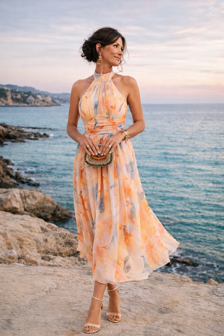 Irene | Vestido com decote halter e estampa em aquarela