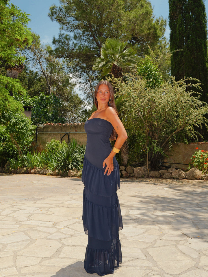 Vestido palavra volantes assimétricos azul marinho