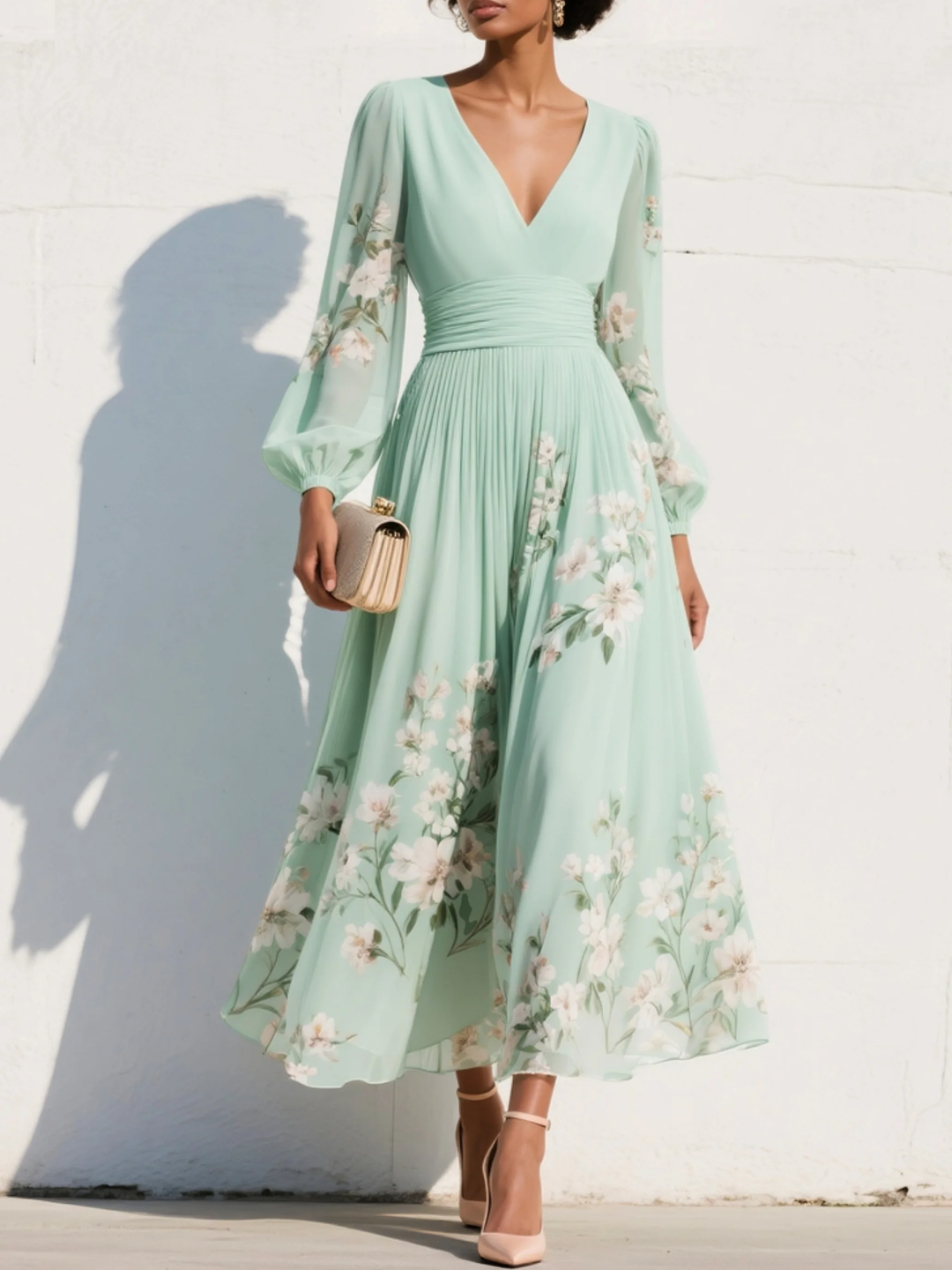 Coral / Vestido com estilo floral e decote