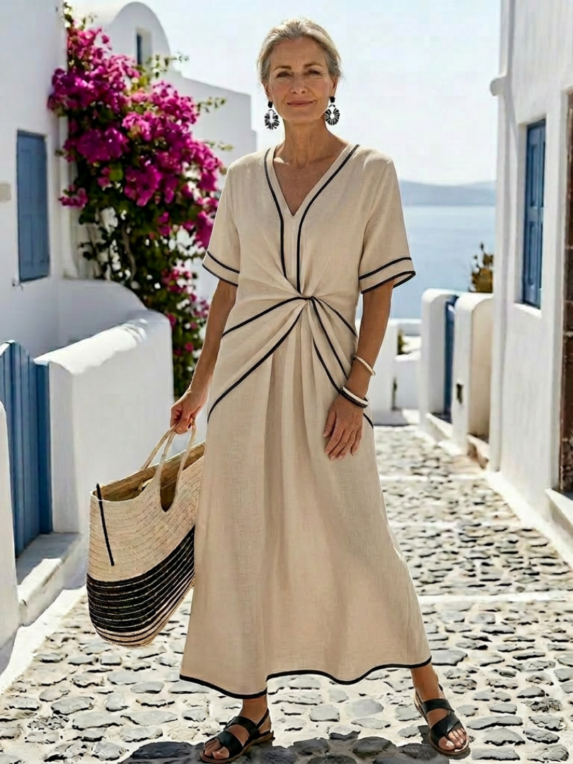 Lucia | Vestido midi de manga curta com decote em V e cintura franzida