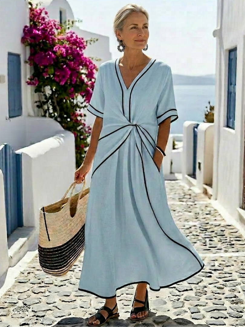 Lucia | Vestido midi de manga curta com decote em V e cintura franzida