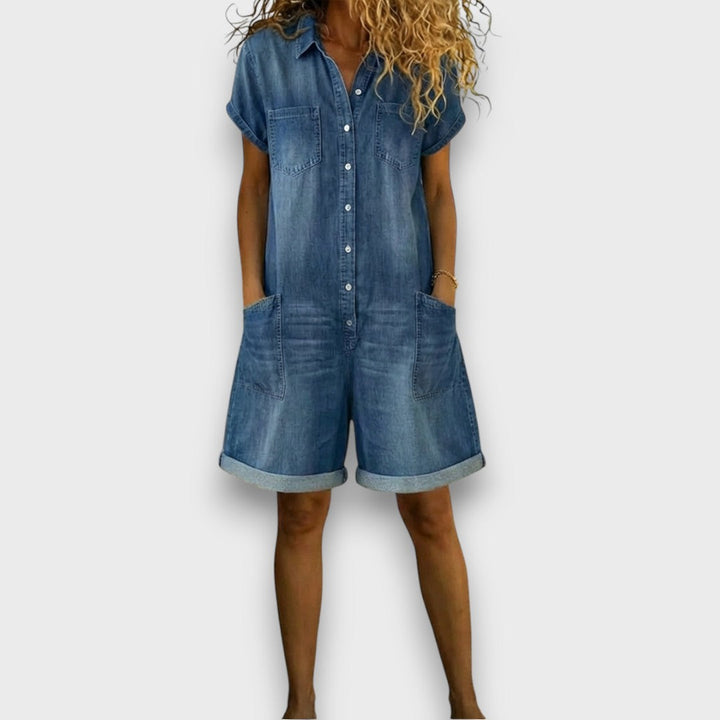 Joan | Macacão curto vintage com aspecto denim
