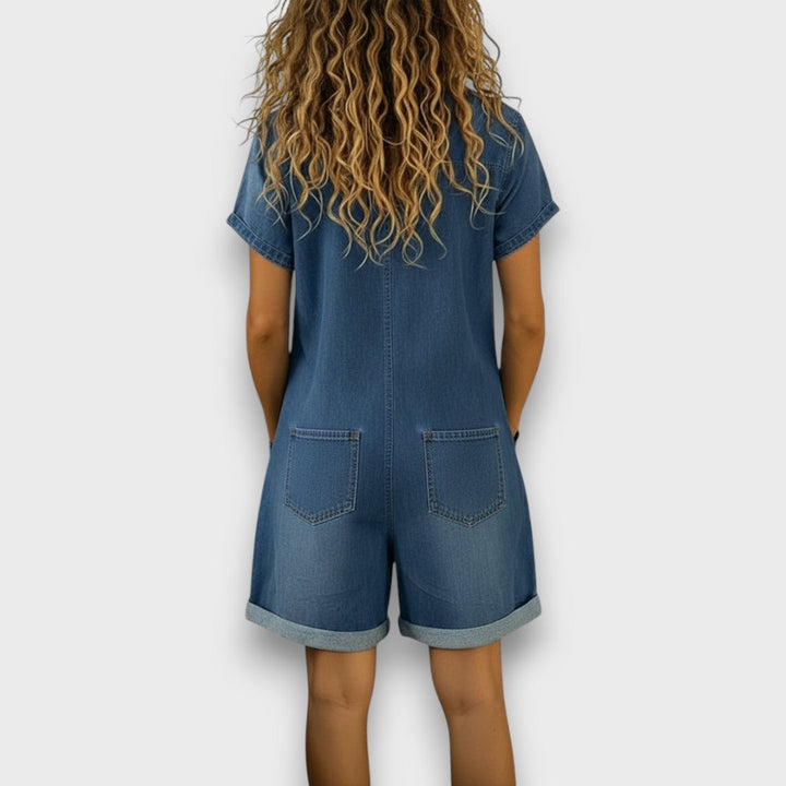 Joan | Macacão curto vintage com aspecto denim