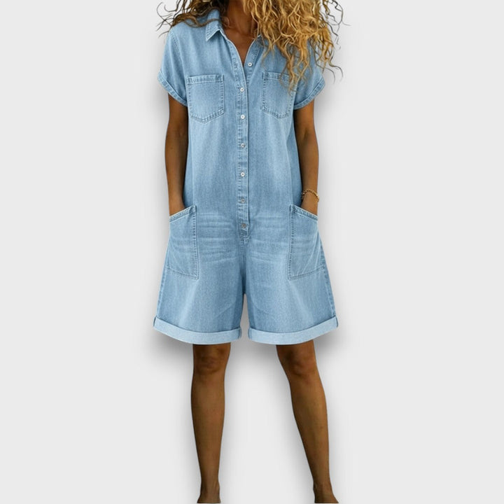 Joan | Macacão curto vintage com aspecto denim
