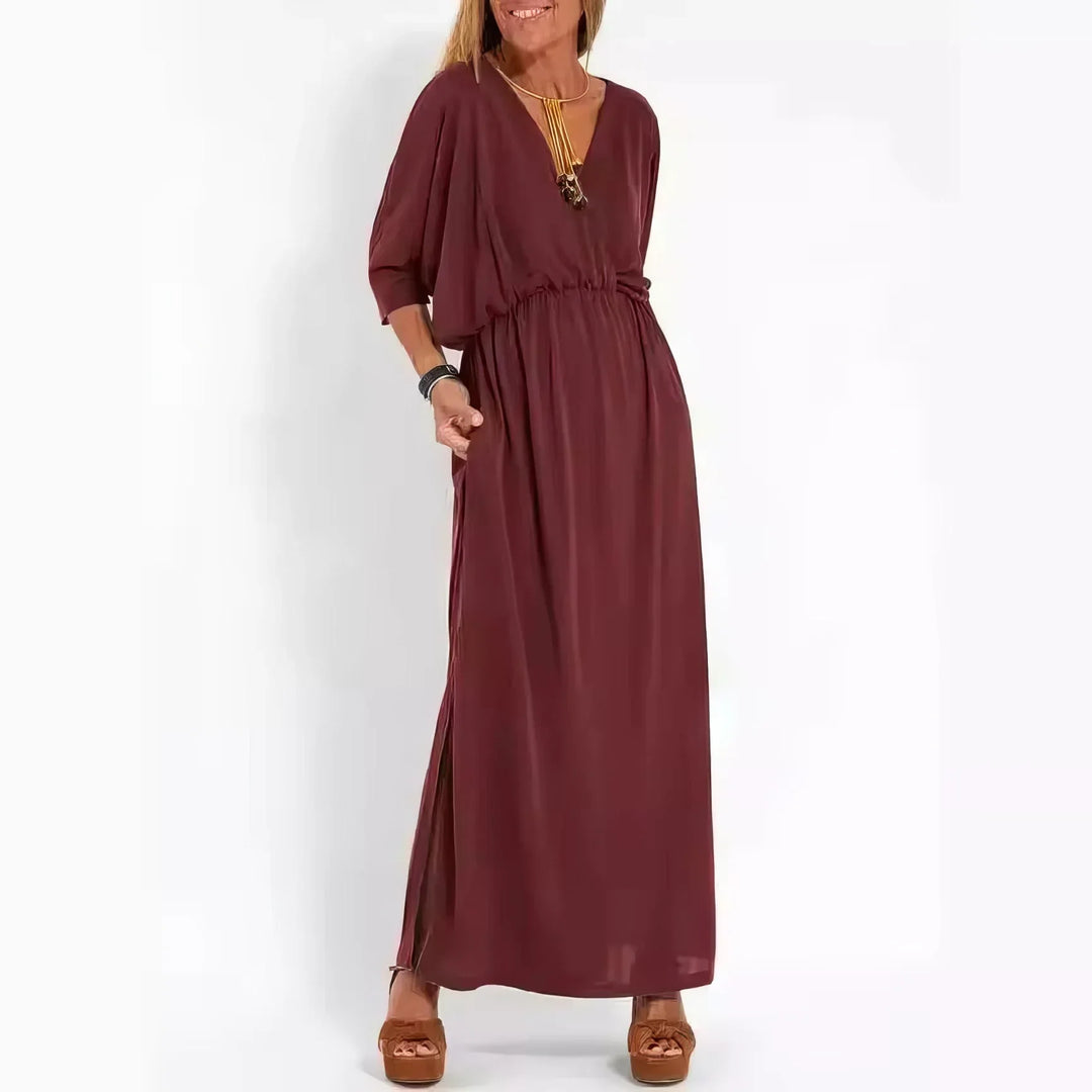 Vestido longo vintage com decote em V e cintura alta