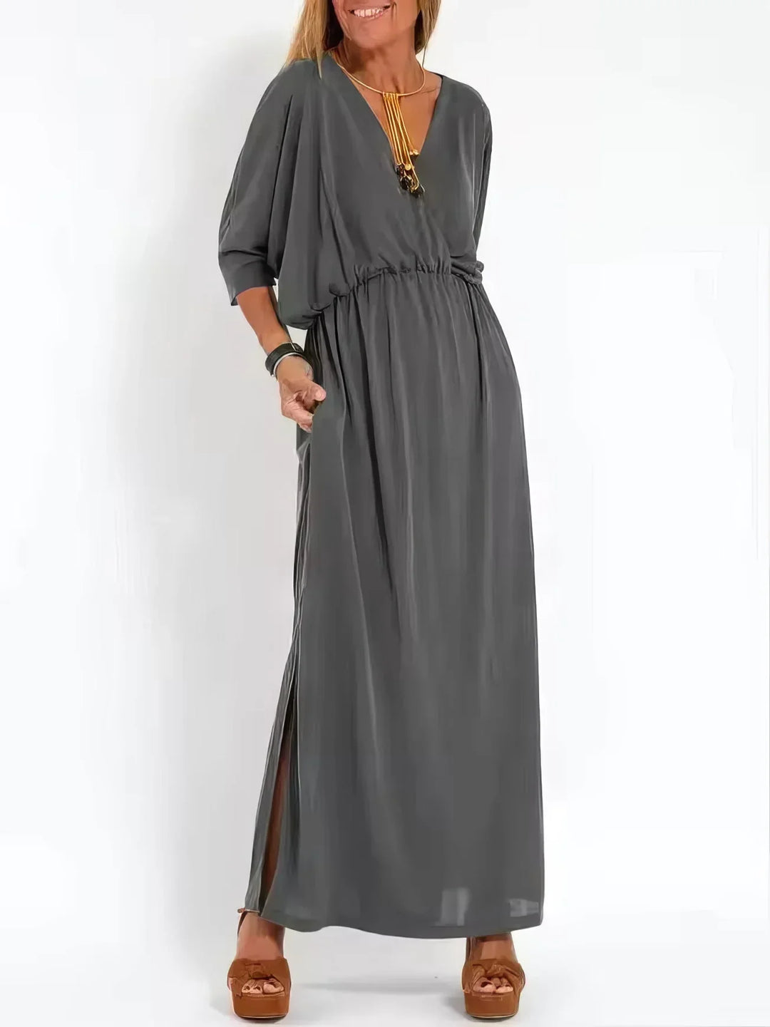 Vestido longo vintage com decote em V e cintura alta