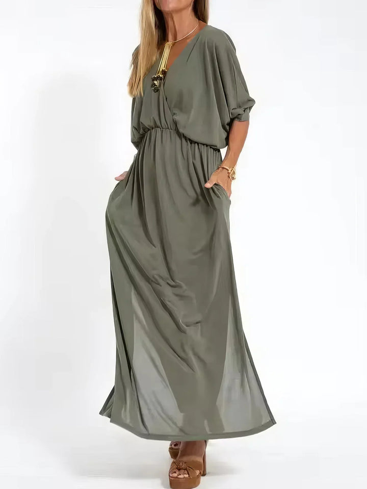 Vestido longo vintage com decote em V e cintura alta