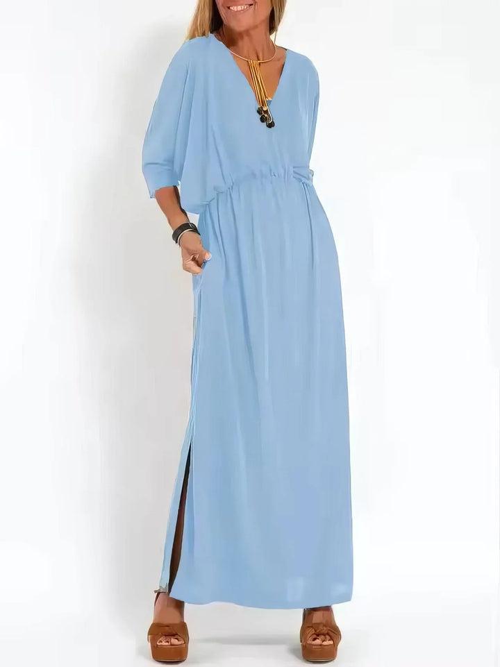 Vestido longo vintage com decote em V e cintura alta
