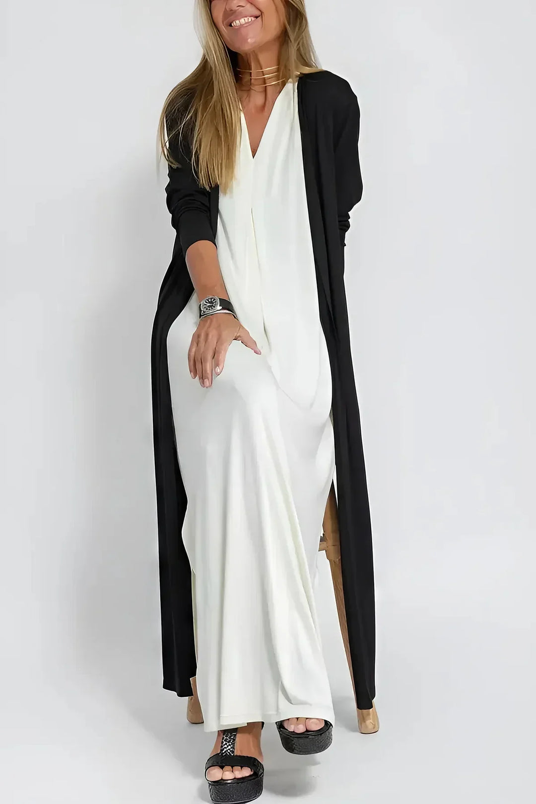 Vestido Longo Elegante + Cardigã a Jogo de Oferta