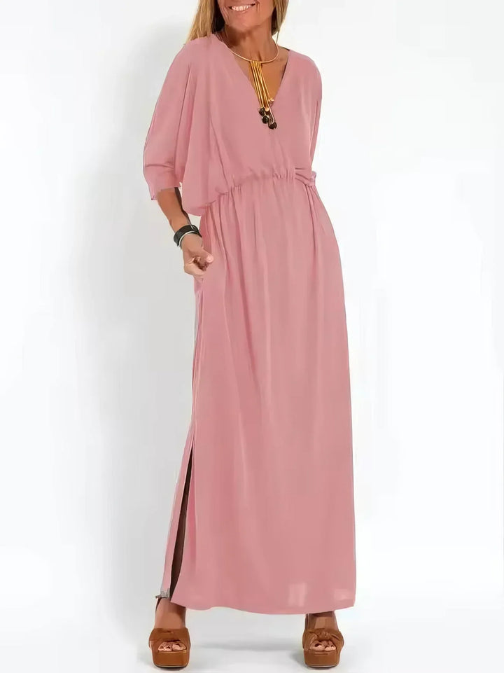 Vestido longo vintage com decote em V e cintura alta