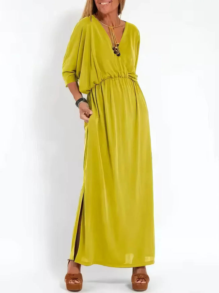 Vestido longo vintage com decote em V e cintura alta