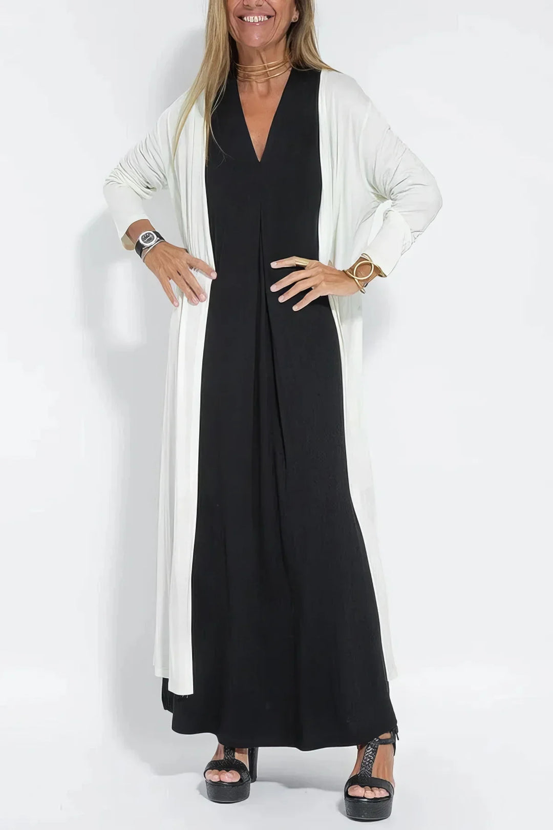 Vestido Longo Elegante + Cardigã a Jogo de Oferta