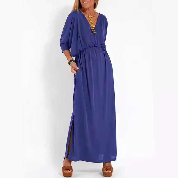 Vestido longo vintage com decote em V e cintura alta