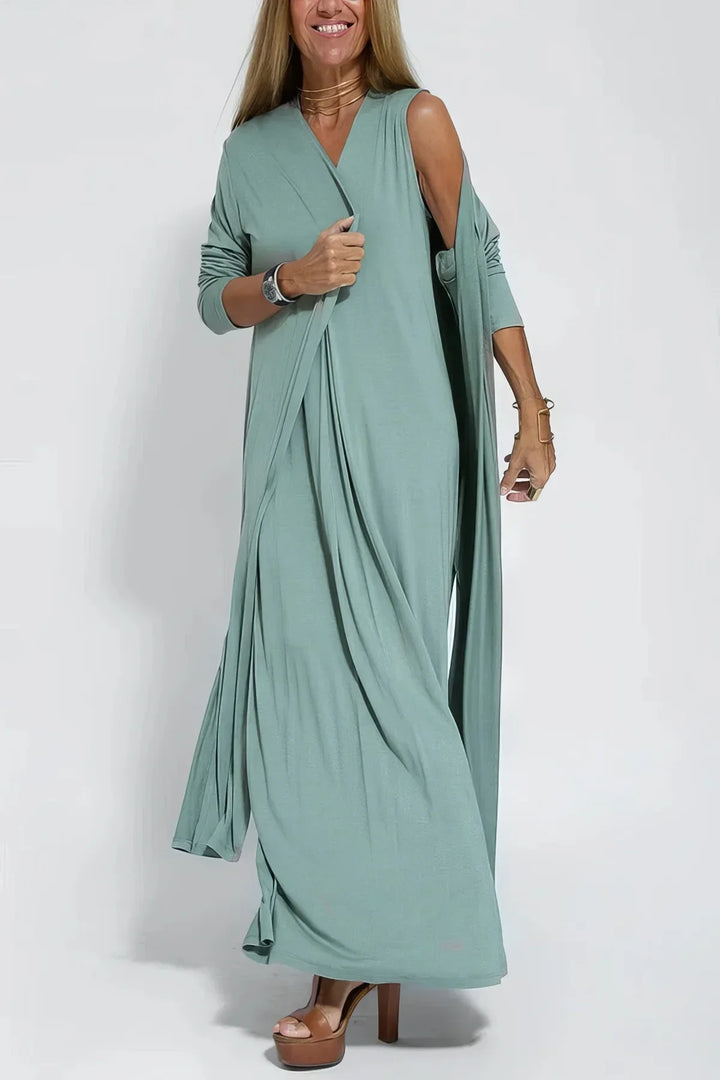 Vestido Longo Elegante + Cardigã a Jogo de Oferta