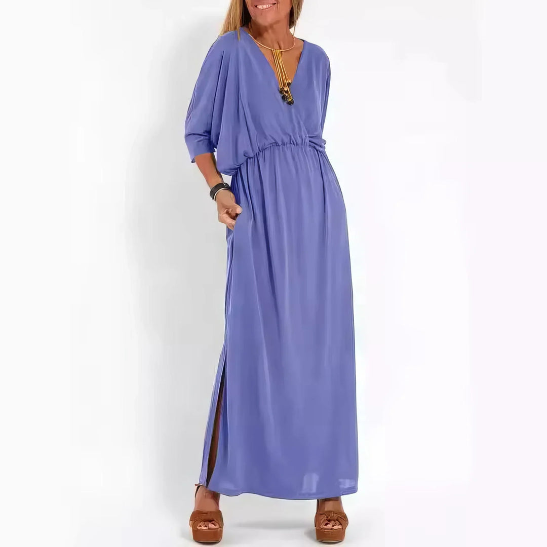 Vestido longo vintage com decote em V e cintura alta