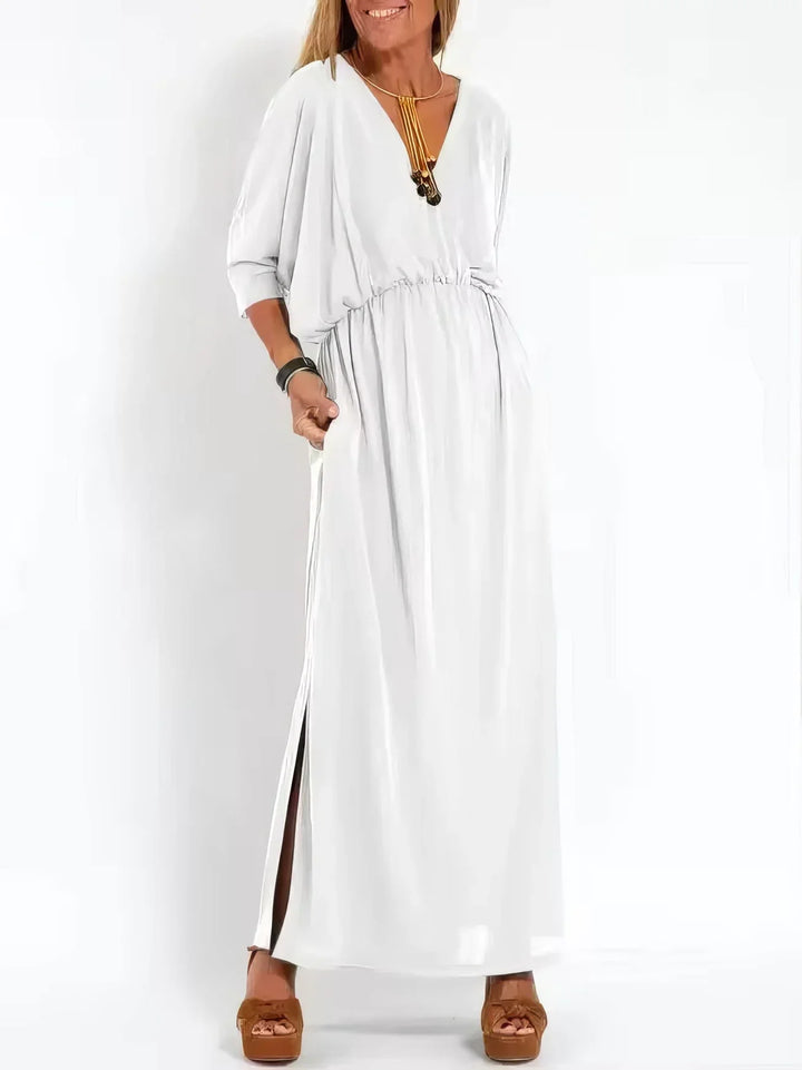 Vestido longo vintage com decote em V e cintura alta