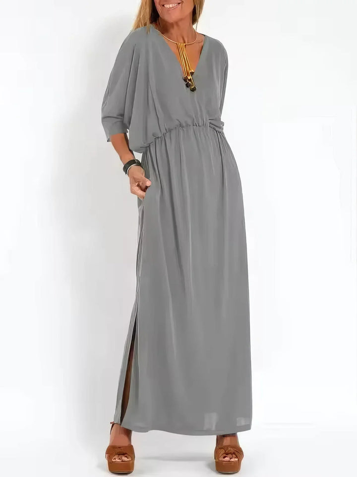 Vestido longo vintage com decote em V e cintura alta