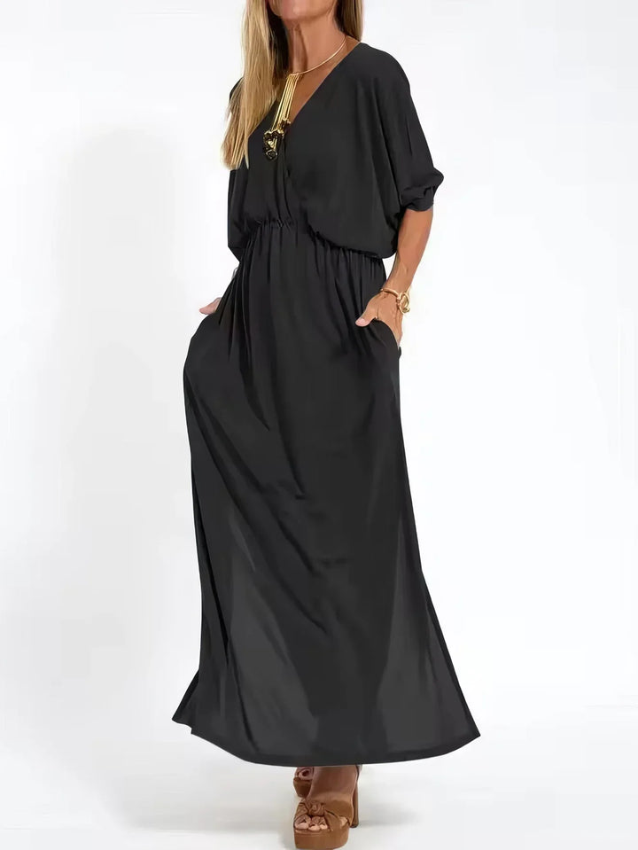 Vestido longo vintage com decote em V e cintura alta